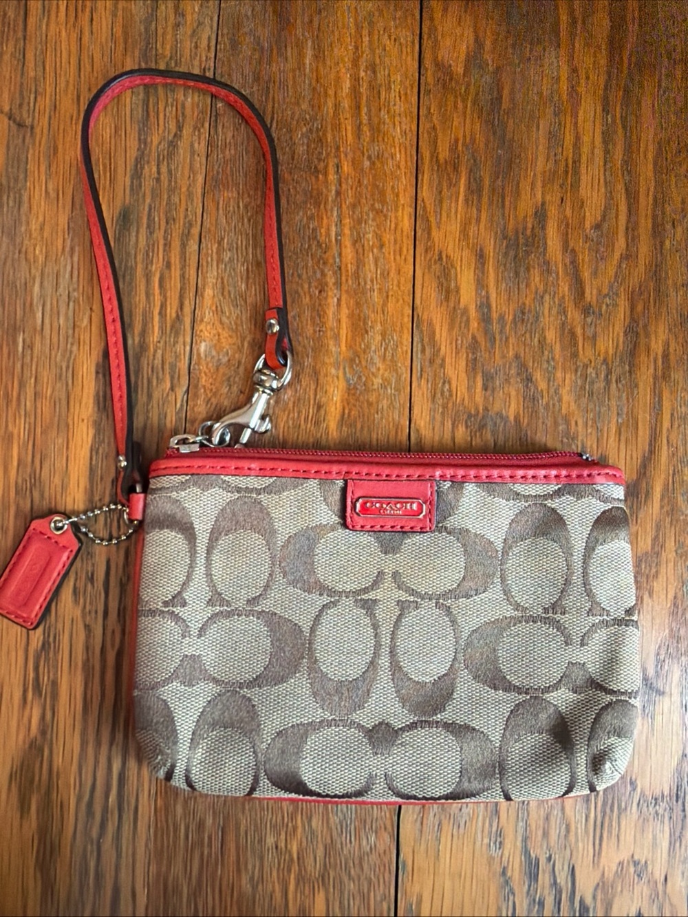 Coach Womens Small Corner Zip Wristlet Wallet Tan Signature Red Strap Coin